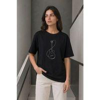 Minimal Gitar Baskılı Tişört T-Shirt Yazlık Kısa Kol Bisiklet Yaka T-Shirt - Siyah