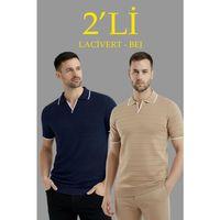 Erkek 2’li Paket Triko Yakalı Düğmesiz Açık Yaka Fitilli Kısa Kollu Regular Fit Tişört - Lacivert - Bej