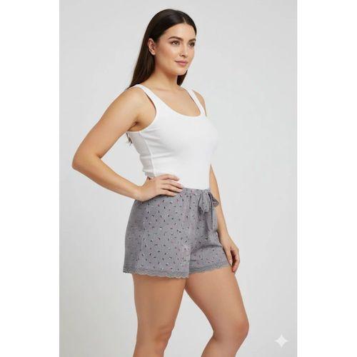 Düz Renk Mini Çiçek Desenli Penye Kadın Ev Şortu Bacak Dantel Detaylı Ev Giyim Gri