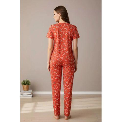 Kadın Turuncu Kalp Desenli Fiyonk Detaylı Kısa Kollu Uzun Pijama Takımı Premium Ev Giyim
