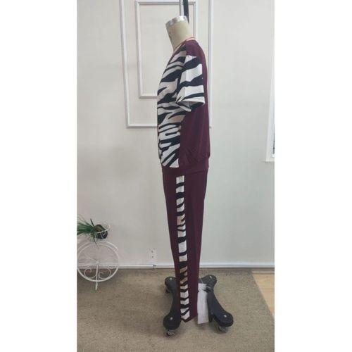 Kadın Kısa Kollu Bisiklet Yaka Zebra Desen Bluz Ve Pantolon Ikili Takım