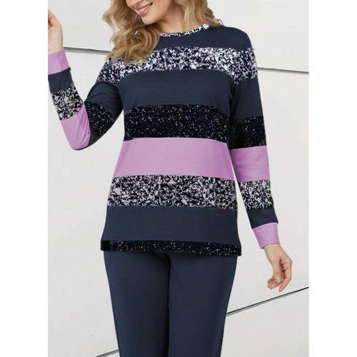 Kadın Uzun Kollu Bisiklet Yaka çizgili Desen Iki Iplik Bluz Ve Pantolon Ikili Takım