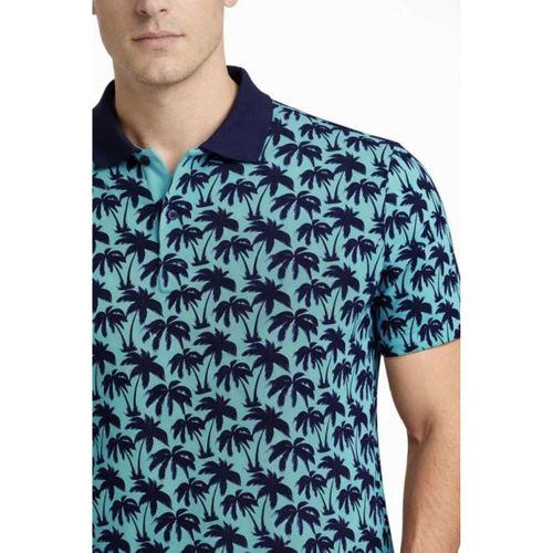 Erkek Pike Kumaş Polo Yaka Palmiye Desenli Tişört Kısa Kol Yazlık T-Shirt - Turkuaz