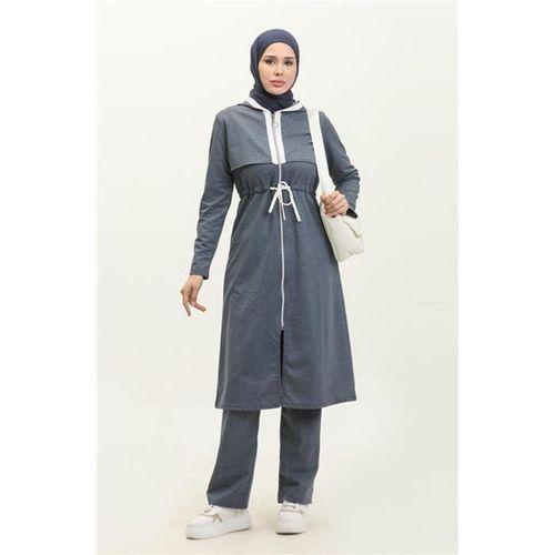Kapşonlu Fermuarlı Belden Beyaz Bağcıklı Sade Basic İkili Spor Takımı - 03074.006 - İndigo