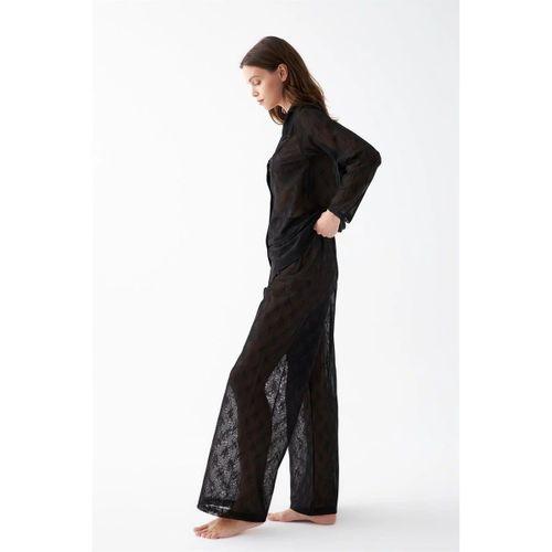 Kadın Siyah Şeffaf Jakar Düğmeli Pijama Takımı