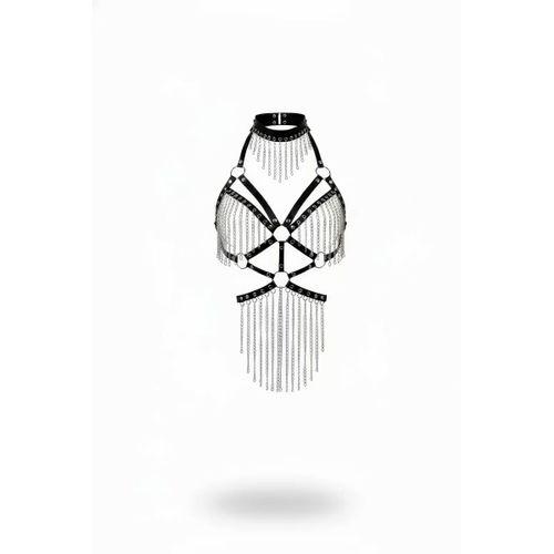 Siyah Body Harness Choker Yaka Zincir Detaylı Vücut Aksesuarı - Brf1397