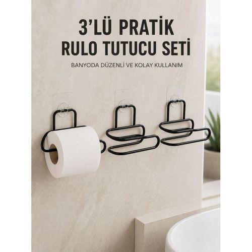3’lü Yapışkanlı Tuvalet Kağıdı Tutucu Seti Siyah Duvar Tipi Rulo Kağıtlık