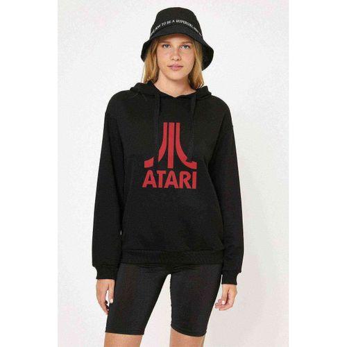 Atari Logo Baskılı Siyah Kadın Kapşonlu Sweatshirt