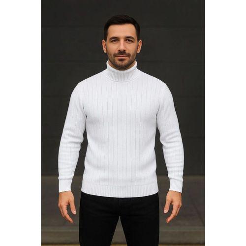Erkek Balıkcı Yaka Bağazlı Triko Kazak Pamuklu Kalın Fitilli Dokuma, Regular Fit Uzun Kollu Kışlık Model - Beyaz