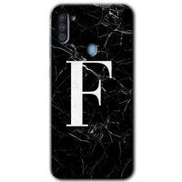 Samsung Galaxy M11 Kılıf Baskılı Kapak - Siyah Mermer Desenli F Harfi +Tam Kaplayan Mat Seramik