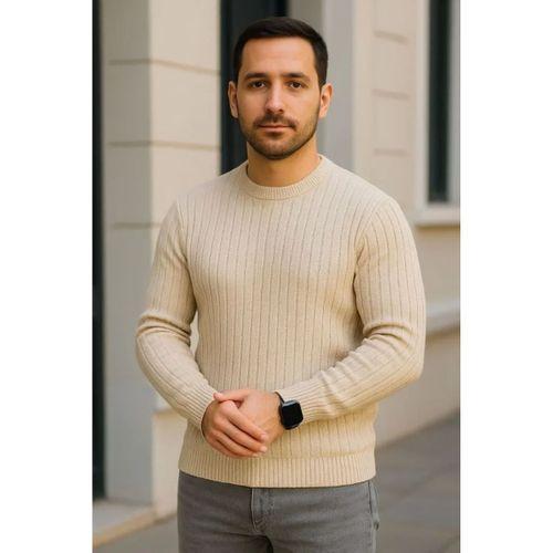 Erkek Fitilli Triko Kazak 2’li Set Bej Beyaz Kalın Dokuma Pamuklu Regular Fit Bisiklet