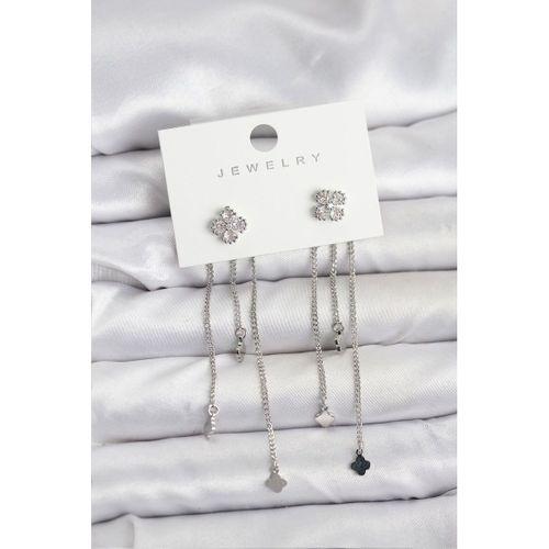 Pirinç Gümüş Renk Yonca Model Sallantılı Kadın Küpe - TJ-BKP11454