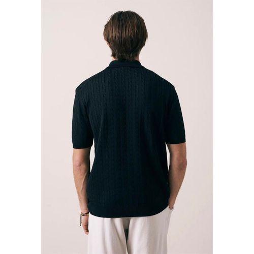 Burke Saç Örgü Yarım Fermuarlı Kısa Kollu İnce Triko Erkek T-Shirt - Siyah