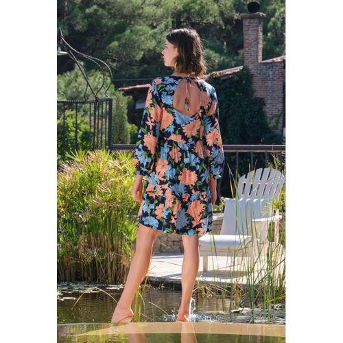 Viskon Çiçek Ve Yaprak Desenli Uzun Kollu Elbise