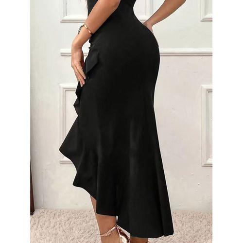 Kadın Askılı V Yakalı önden Fırfırlı Uzun Ithal Krep Elbise