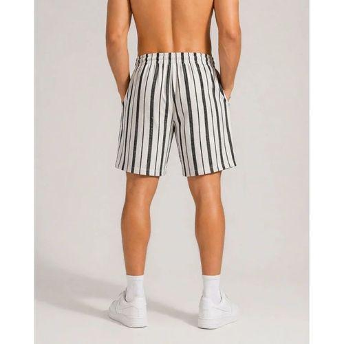 Erkek Çizgili Yazlık Şort Dokuma Kumaş Lastikli Bel Cepli Rahat Kesim - Ekru