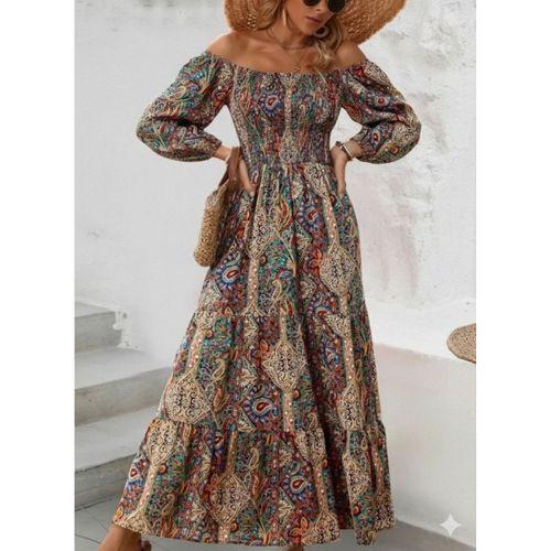 Kadın Düşük Omuzlu Beli Büzgülü Dijital Desenli Kesik Elyaf Süprem Uzun Elbise