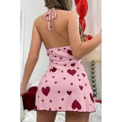 Kadın Pembe Kırmızı Kalp Desenli Askılı Sırt Dekolteli Elbise 5064