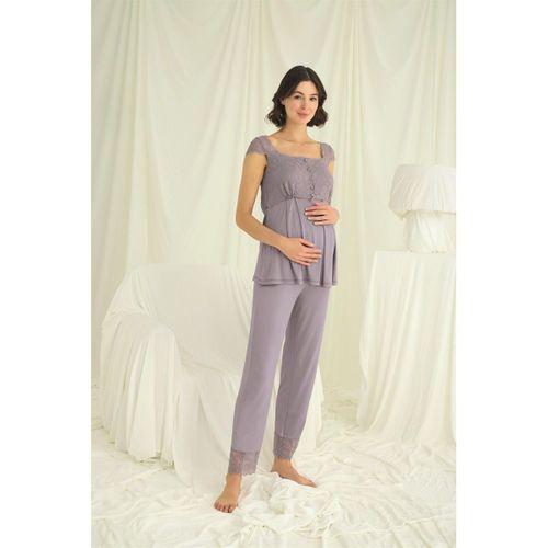 Dantelli Önü Düğmeli Hamile Lohusa 3'lü Pijama Takımı
