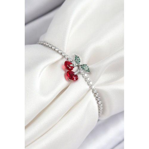 Pirinç Zirkon Taşlı Kiraz Model Gümüş Renk Asansörlü Kadın Bileklik