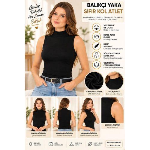 Kadın Balıkçı Yaka Sıfır Kol Atlet Siyah, Esnek Kumaş, Vücuda Oturan Basic Kolsuz Body - ryl - 2614