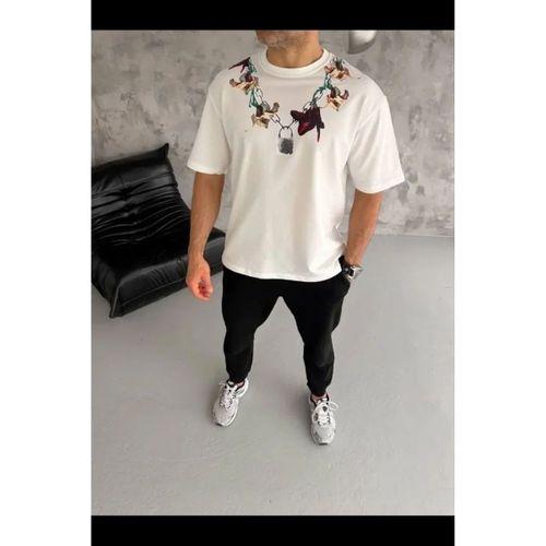 Erkek Baskılı T-Shirt Kısa Kol Bisiklet Yaka Regular Fit Rahat Kalıp Günlük Tişört - Beyaz