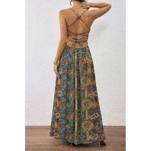 Kadın Ip Askılı Arkadan çapraz Kesim Detaylı Uzun Desenli Süprem Elbise