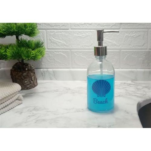 Cam Sıvı Sabunluk,Plaj Yazılı 7X7X20Cm 360Ml Banyo Seti