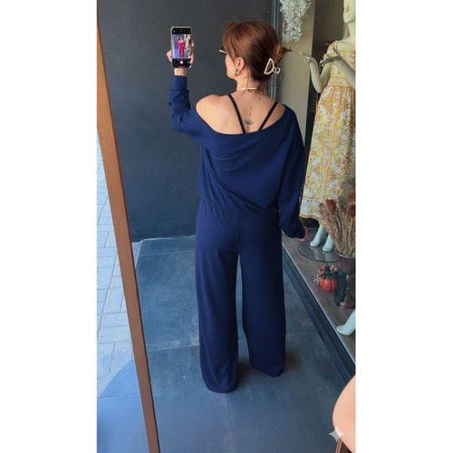 Kadın Uzun Kollu Tek Omuzdan Açık Viskon Iki Iplik Bluz Ve Pantolon Ikili Takım