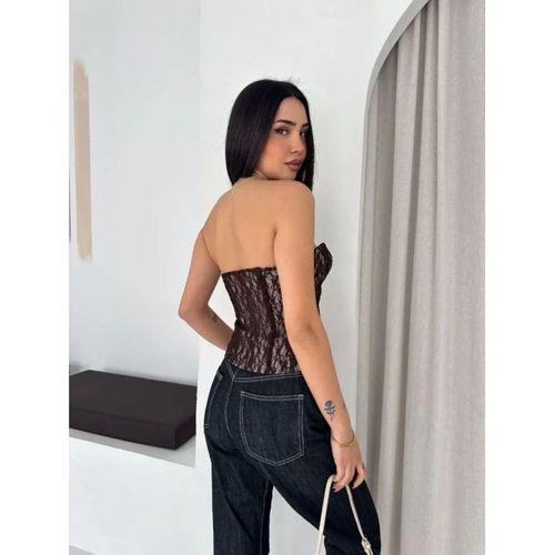 Fermuarlı Dantel Korse Straplez Bustiyer Transparan Şık Top - Kahverengi