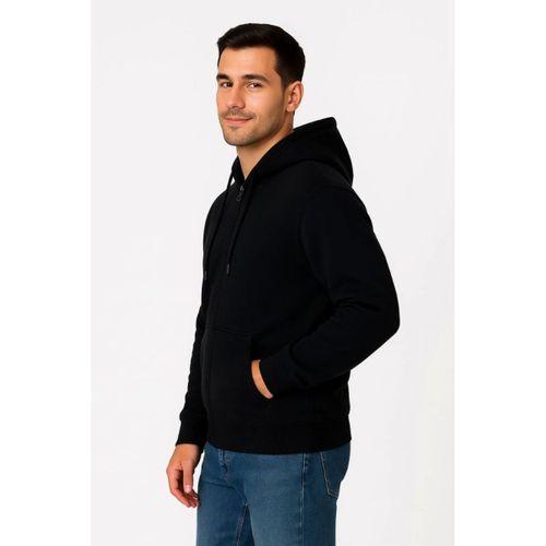 Erkek Üç İplik Kapüşonlu Tam Fermuarlı Kanguru Çepli SweatShirt Hoodie - Siyah