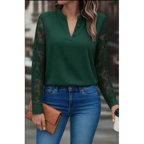 Kadın Uzun Kollu Yaka Düğme Detay Güpürlü Kol Krep Bluz