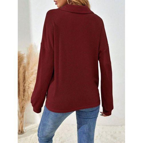 Kadın Uzun Kollu Yakalı Düğmeli Salaş Waffle Bluz