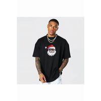 Yılbaşı Gözlüklü Noel Baba Baskılı Kısa Kollu Oversize Bisiklet Yaka T-shirt - Siyah