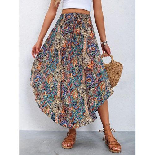 Kadın Beli Lastikli Bağcıklı Asimetrik Kesim Detaylı Desenli Bürümcük Etek