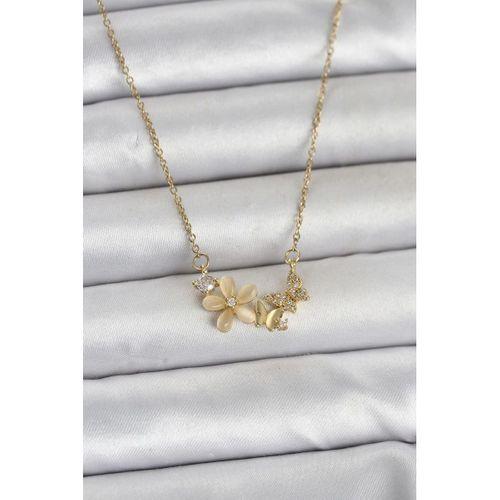 316L Çelik Zincir Gold Renk Çiçek ve Kelebek Model Kadın Kolye