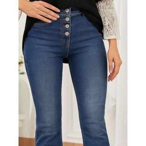 Kadın Yüksek Bel önden Düğmeli Cep Detay Ispanyol Paça Denim Pantolon
