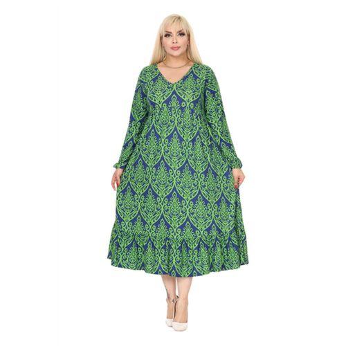 Melsay Butik Kışlık Robalı Yumoş Uzun Kollu Yeşil Dantel Desenli Elbise