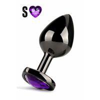 Paslanmaz Çelik Mor Kalpli Mücevher Taşlı Pürüzsüz Siyah Metal Anal Butt Plug - Küçük Boy