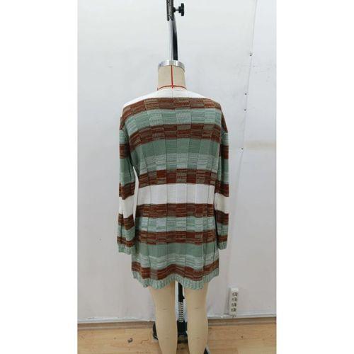 Kadın Uzun Kollu V Yakalı çizgili çok Renkli Triko Mini Elbise