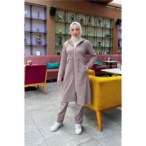 Kapşonlu Belden Bağlamalı Fermuarlı Sade Basic Uzun Tunik ve Pantolon İkili Spor Takım - 03065.016 - Vizon