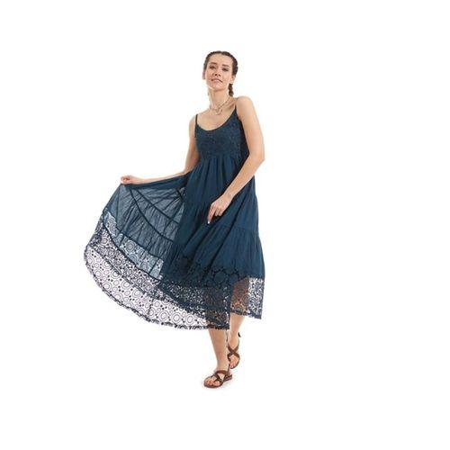 Şile Bezi Petrol Askılı Dantelli Elbise