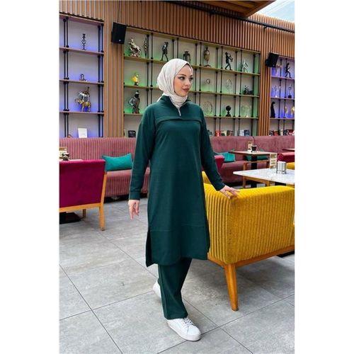 Dik Yaka Kısa Fermuarlı Yırtmaçlı Sade Basic Uzun Tunik ve Pantolon İkili Spor Takım - 03062.021 - Nefti