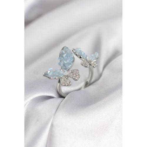 Gümüş Renk Mavi Kelebek Model Zirkon Taşlı Kadın Yüzük