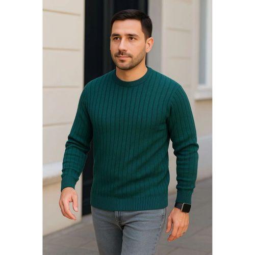 Erkek Bisiklet Yuvarlak Yaka Triko Kazak Pamuklu Kalın Fitilli Dokuma, Regular Fit Uzun Kollu Kışlık Model - Haki