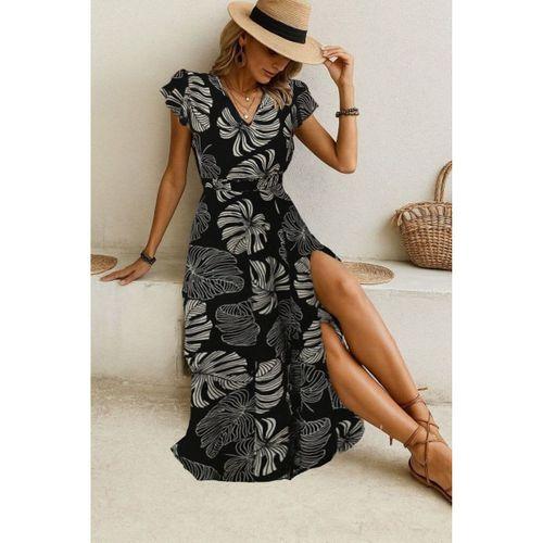 Kadın Kısa Kollu V Yakalı Desenli Yandan Yırtmaçlı Süprem Elbise