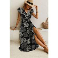 Kadın Kısa Kollu V Yakalı Desenli Yandan Yırtmaçlı Süprem Elbise