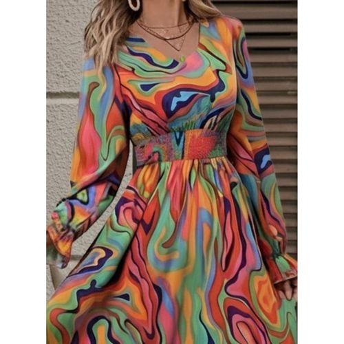 Kadın Uzun Kollu V Yakalı Desenli Maxi Süprem Elbise