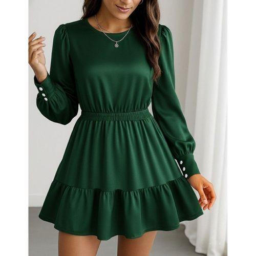 Kadın Uzun Kollu Bisiklet Yaka Beli Lastikli Fırfırlı Ithal Krep Elbise