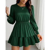 Kadın Uzun Kollu Bisiklet Yaka Beli Lastikli Fırfırlı Ithal Krep Elbise